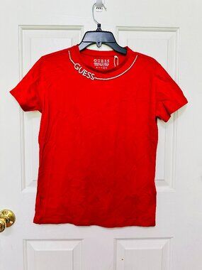 GUESS CHARIS RHINESTONE NECKLINE SHORT SLEEVE RUGBY RED T-SHIRT LARGE